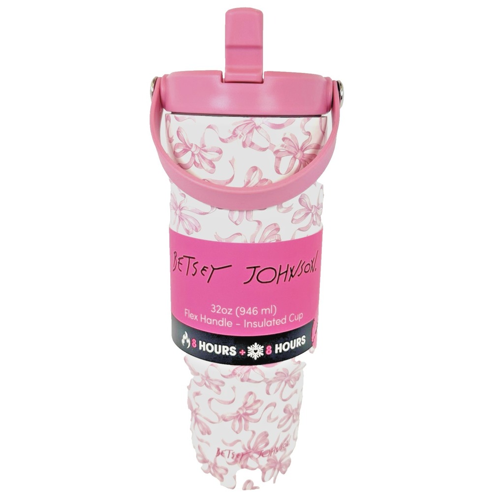 Betsey Johnson Pink Bow 32 oz Insulated Tumbler Flip Straw Handle Coquette Cup